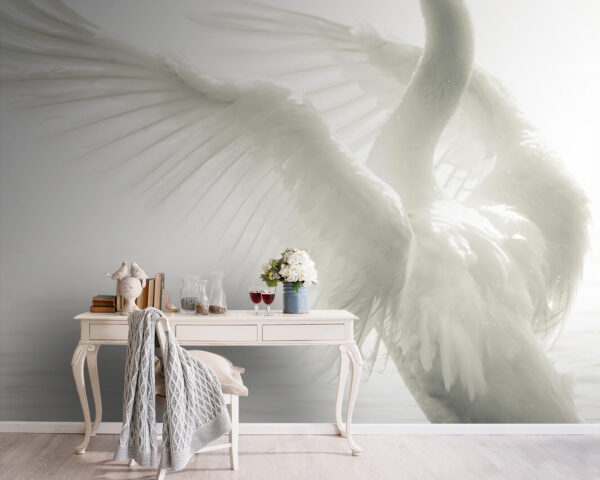Cisne branco com as asas abertas na água Cisne branco com as asas abertas na água