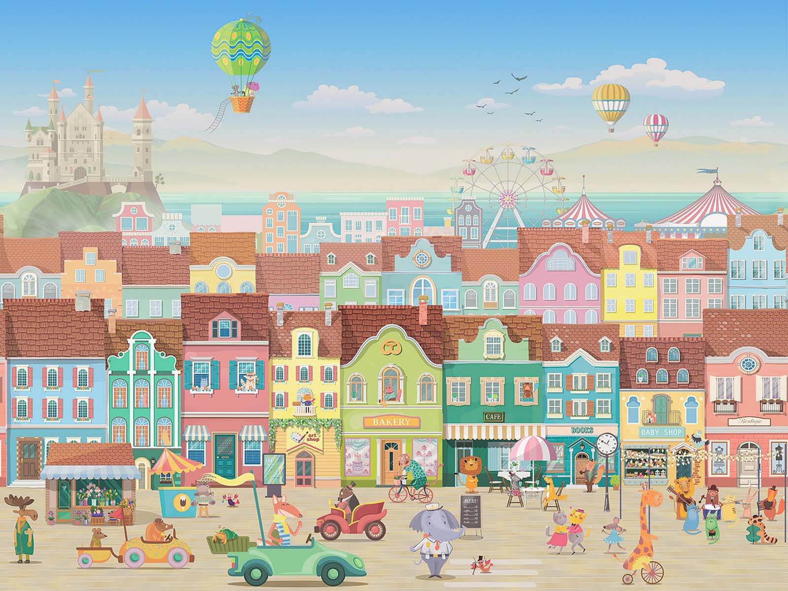 Cartoon town with many buildings and a ferris wheel Cartoon town with many buildings and a ferris wheel