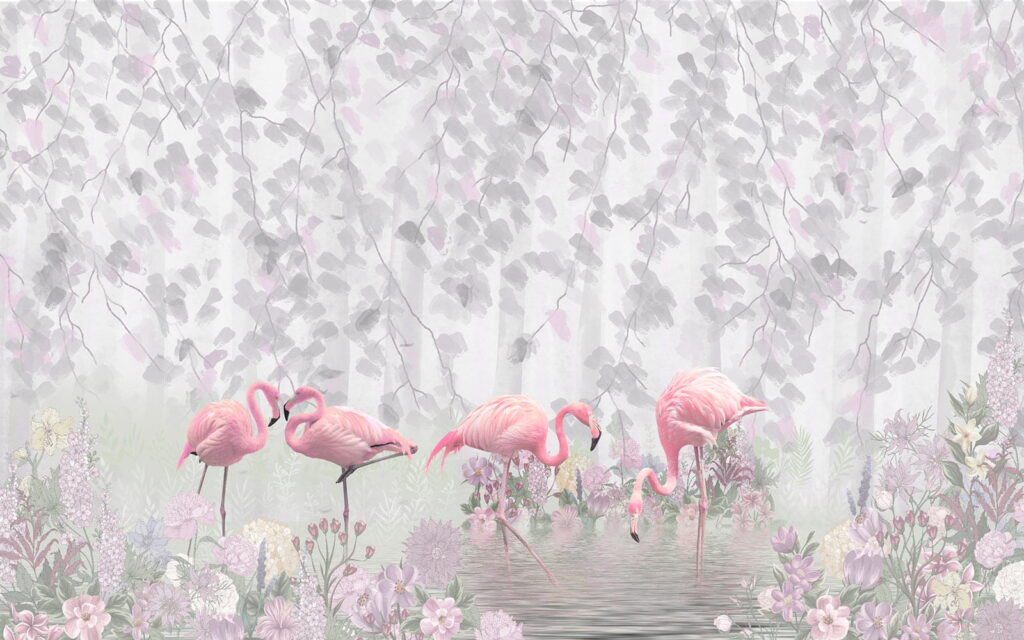 Grupo de flamingos cor-de-rosa num lago com flores Grupo de flamingos cor-de-rosa num lago com flores