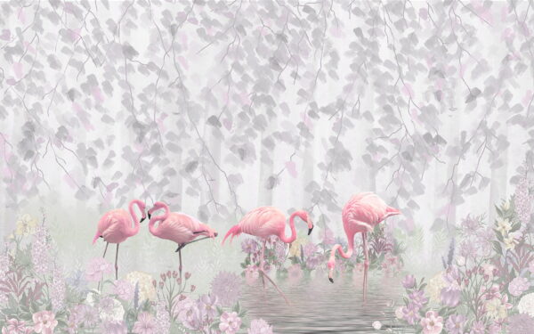 Grupo de flamingos cor-de-rosa num lago com flores Grupo de flamingos cor-de-rosa num lago com flores