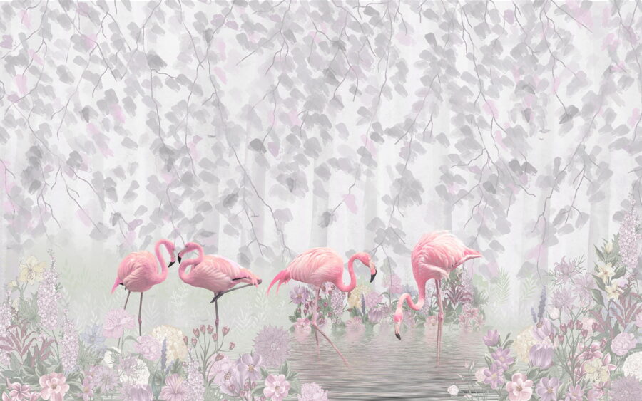 Grupo de flamingos cor-de-rosa num lago com flores
