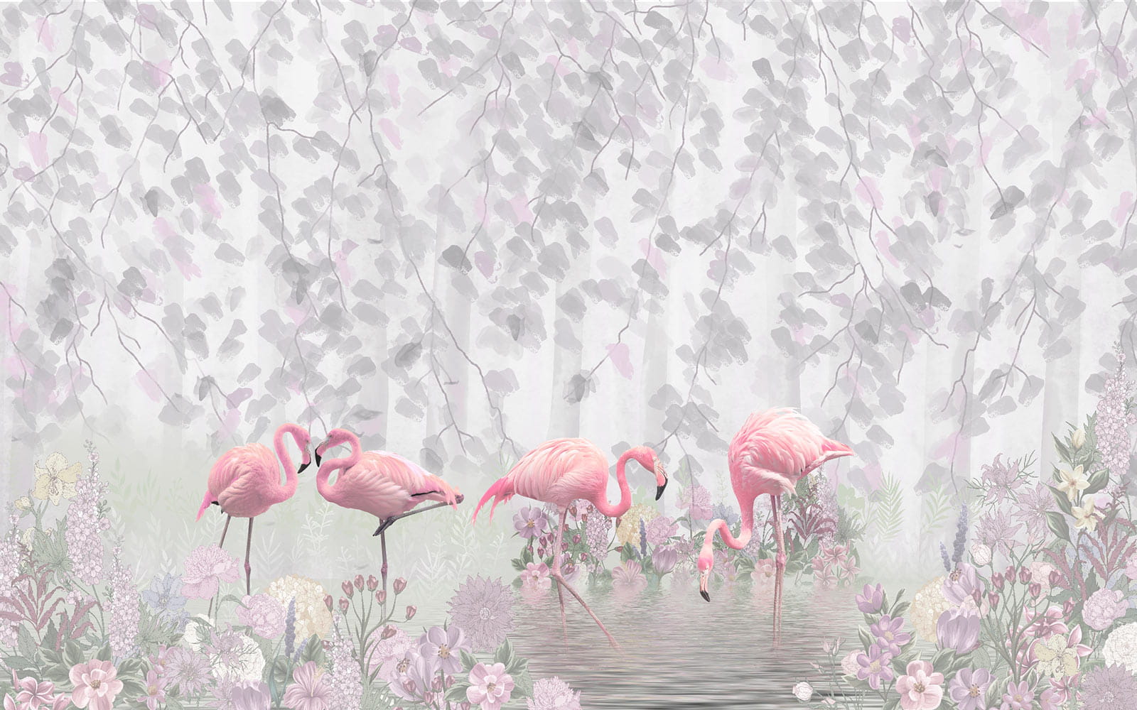 u60027p - Grupo de flamingos cor-de-rosa num lago com flores - tegory