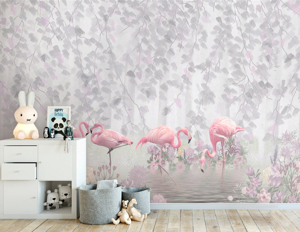 u60027pir1 1024x794 - Grupo de flamingos cor-de-rosa num lago com flores - tegory