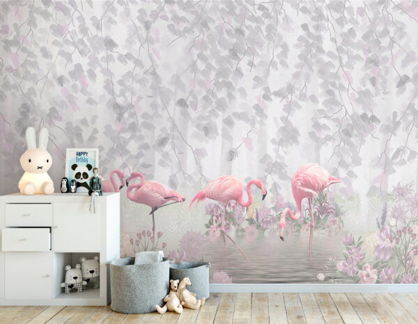 Grupo de flamingos cor-de-rosa num lago com flores Grupo de flamingos cor-de-rosa num lago com flores