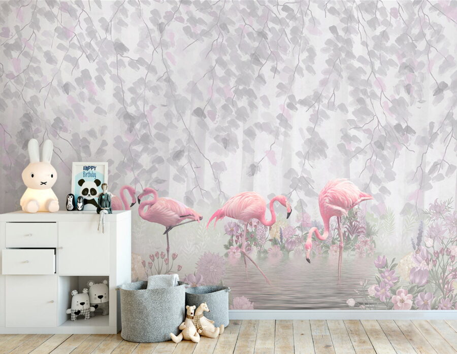 Grupo de flamingos cor-de-rosa num lago com flores