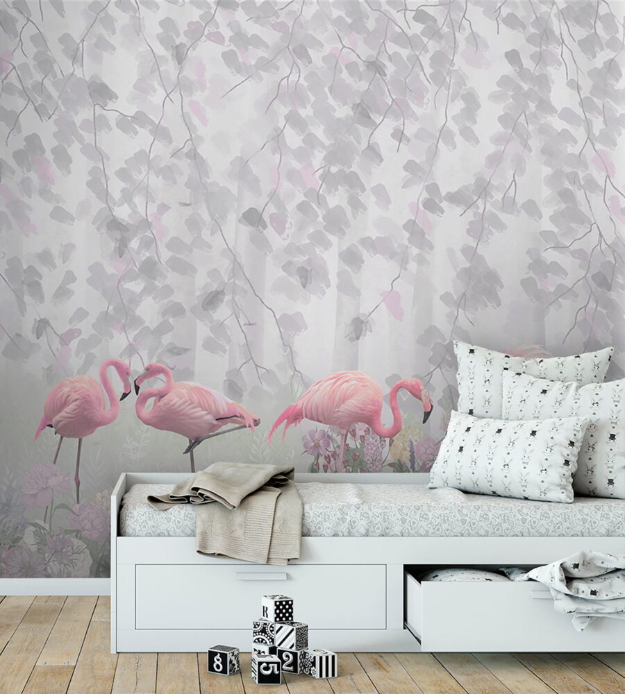 Grupo de flamingos cor-de-rosa num lago com flores