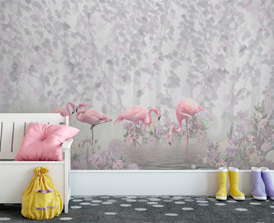 Grupo de flamingos cor-de-rosa num lago com flores