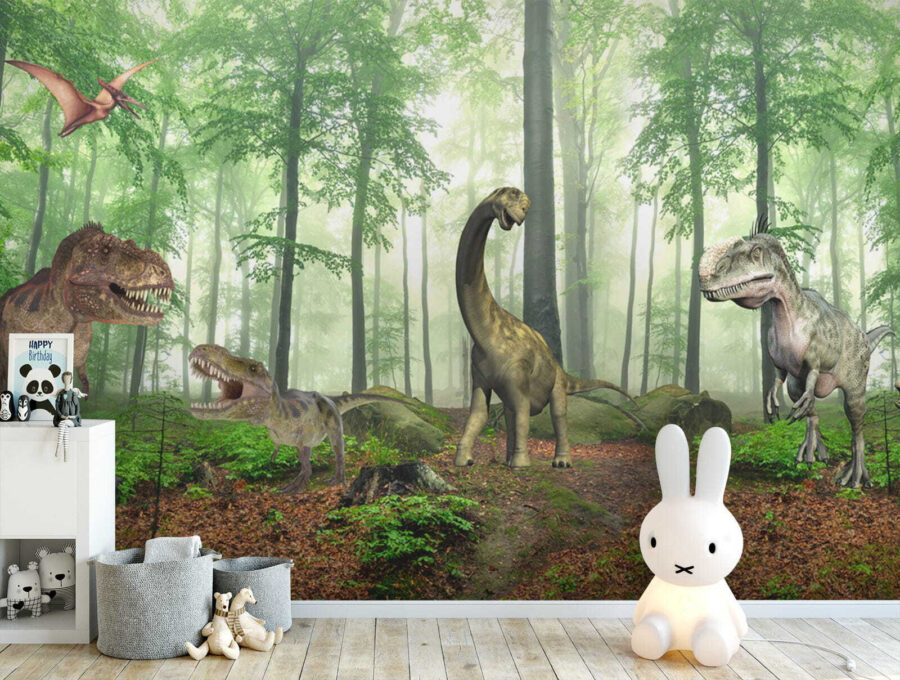 Grupo de dinossauros numa floresta Grupo de dinossauros numa floresta