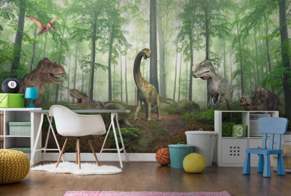 Grupo de dinossauros numa floresta Grupo de dinossauros numa floresta