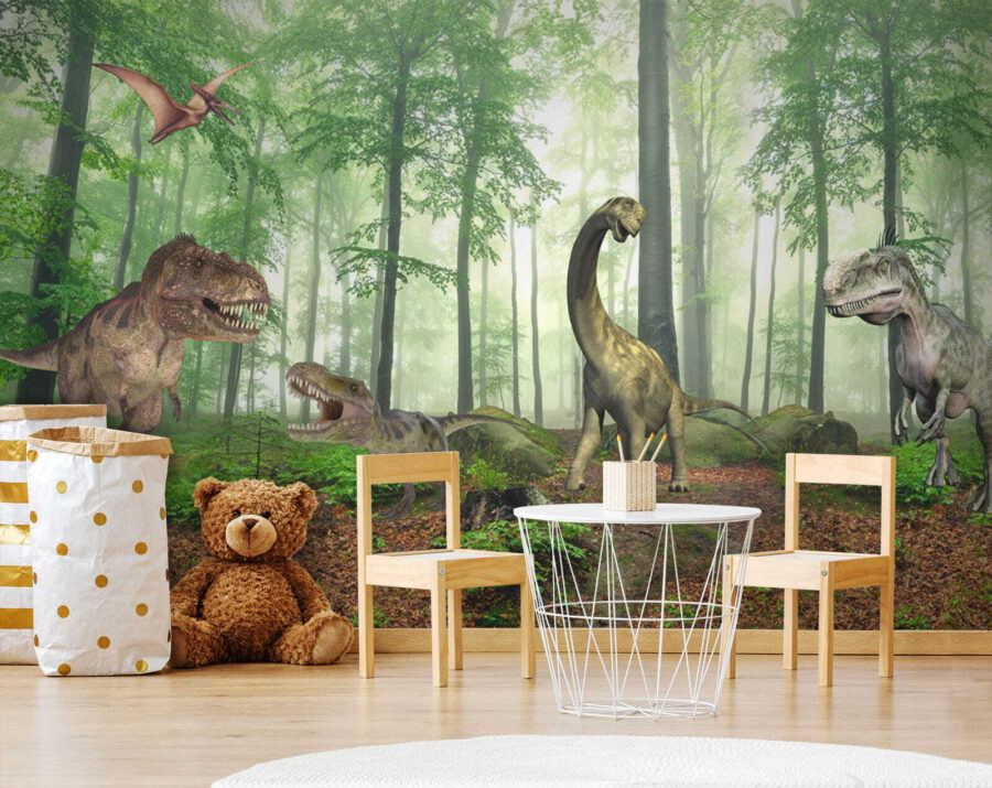 Grupo de dinossauros numa floresta Grupo de dinossauros numa floresta