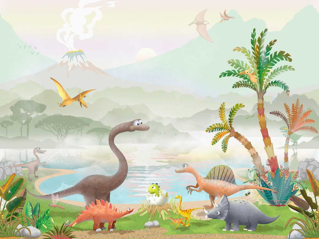 Grupo de dinossauros perto de um lago Grupo de dinossauros perto de um lago