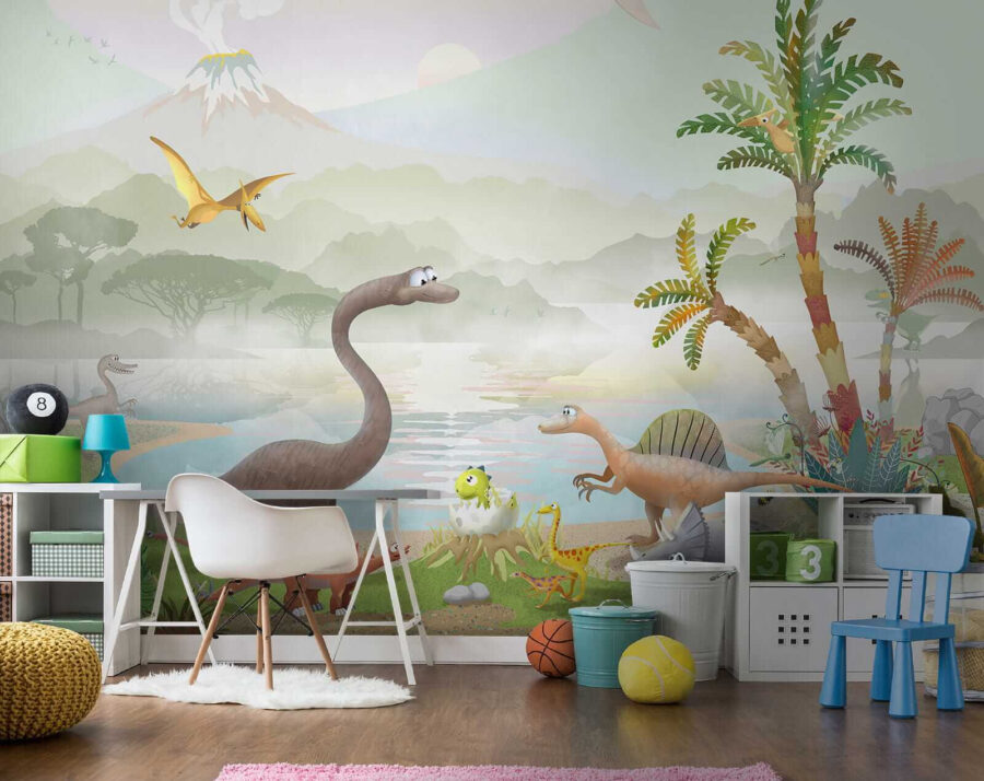 Grupo de dinossauros perto de um lago