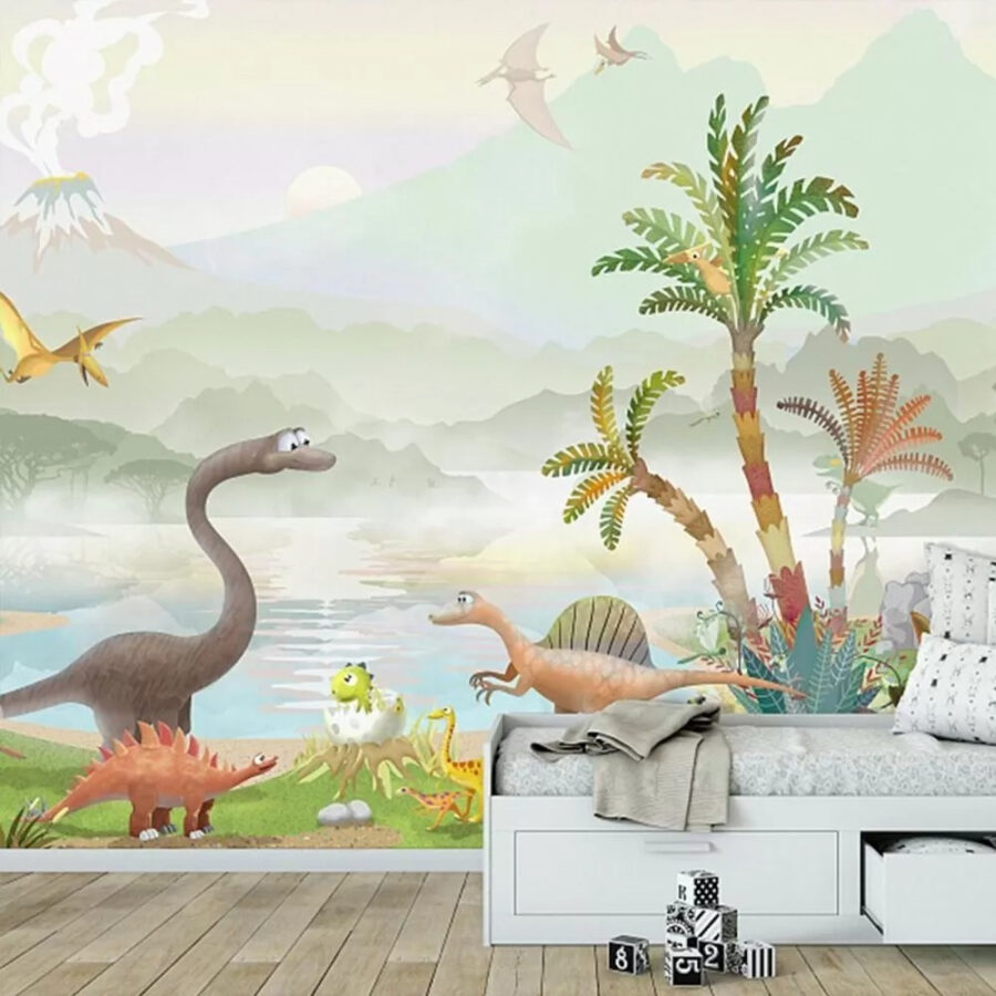 Grupo de dinossauros perto de um lago