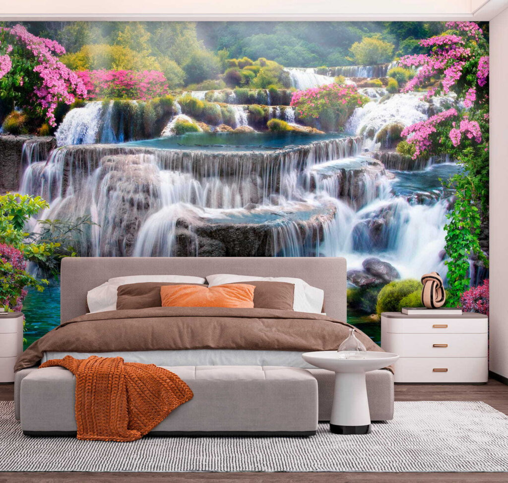 Waterfall with flowers and trees Waterfall with flowers and trees