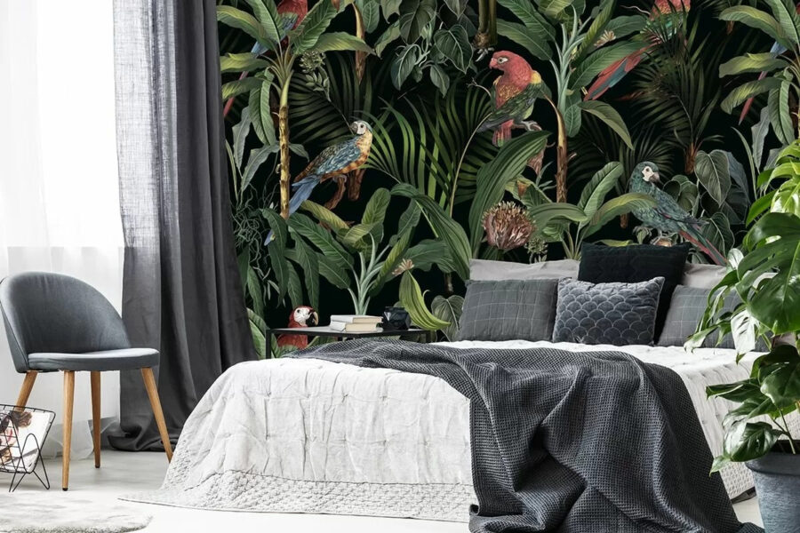 Papel de parede com pássaros e plantas