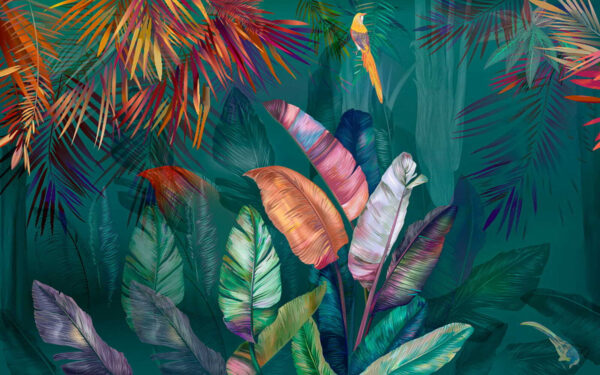 Folhas tropicais coloridas e pássaros Folhas tropicais coloridas e pássaros