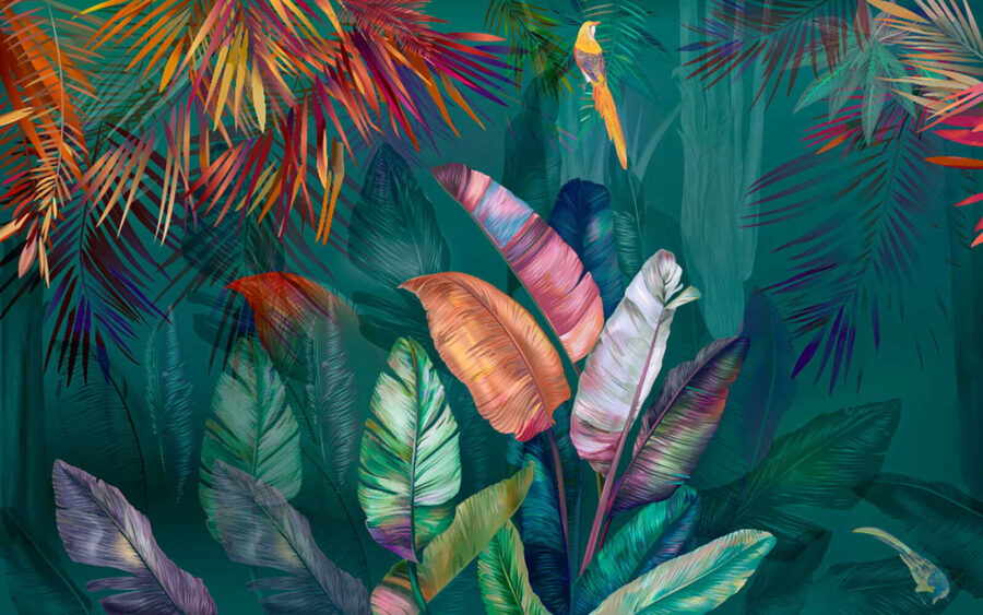Folhas tropicais coloridas e pássaros