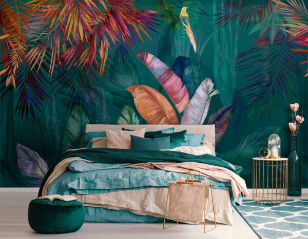 Folhas tropicais coloridas e pássaros Folhas tropicais coloridas e pássaros