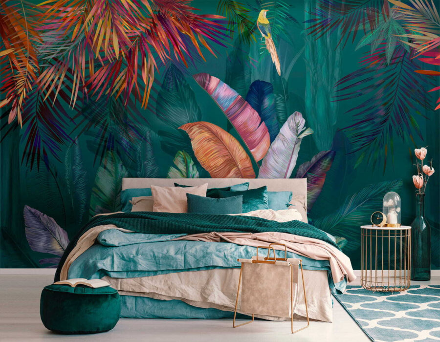Folhas tropicais coloridas e pássaros