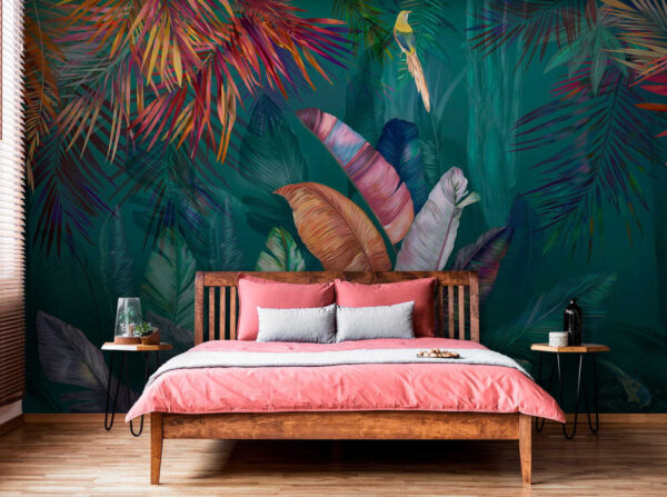 Folhas tropicais coloridas e pássaros Folhas tropicais coloridas e pássaros