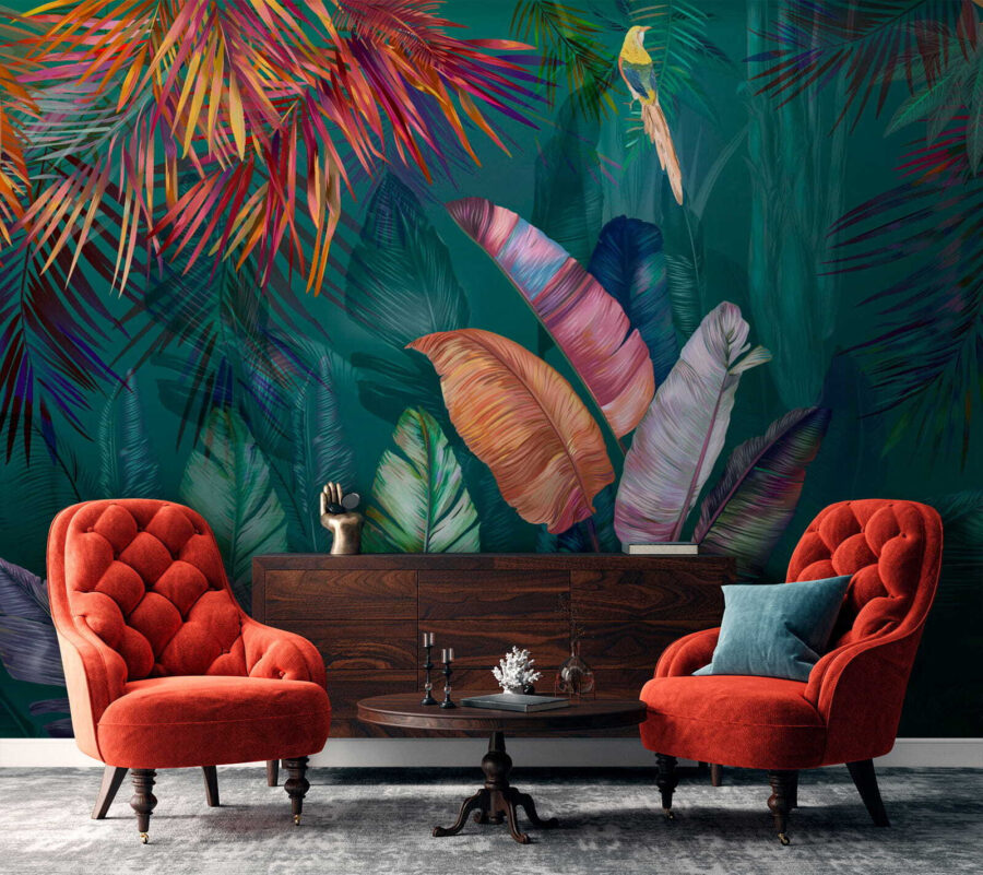 Folhas tropicais coloridas e pássaros
