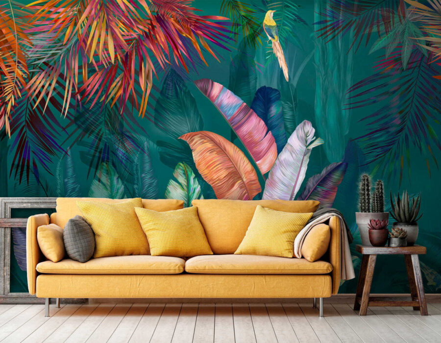 Folhas tropicais coloridas e pássaros