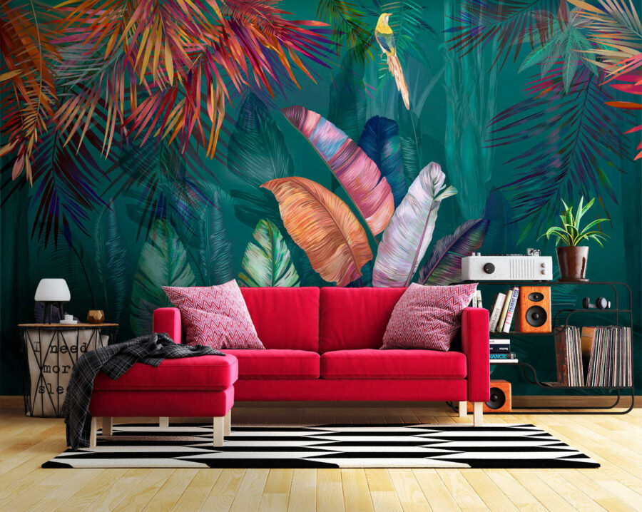 Folhas tropicais coloridas e pássaros