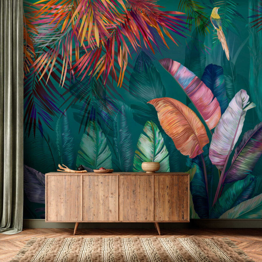 Folhas tropicais coloridas e pássaros