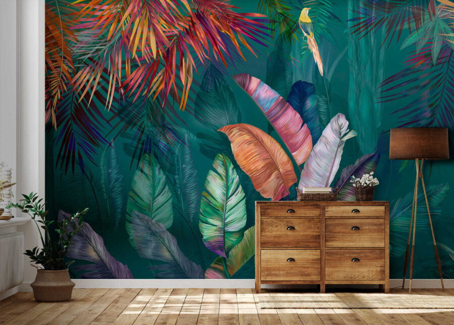 Folhas tropicais coloridas e pássaros