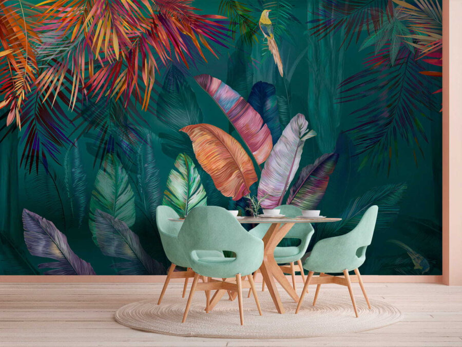 Folhas tropicais coloridas e pássaros