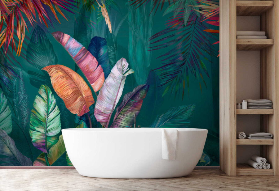 Folhas tropicais coloridas e pássaros