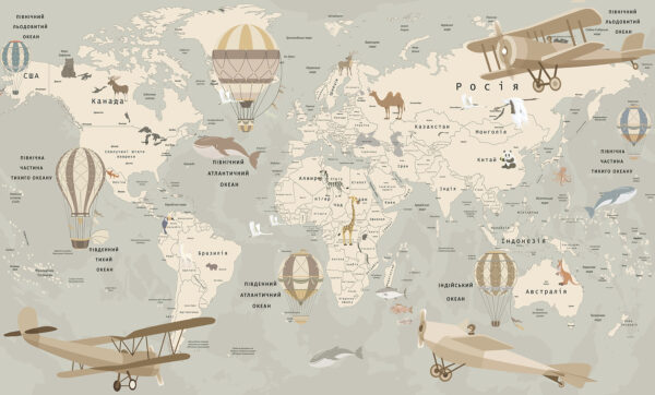 Mapa do mundo com aviões e animais Mapa do mundo com aviões e animais
