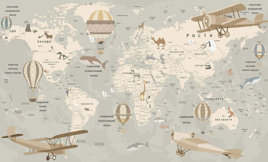 Papel de parede Mapa do mundo com aviões e animais - Image 4