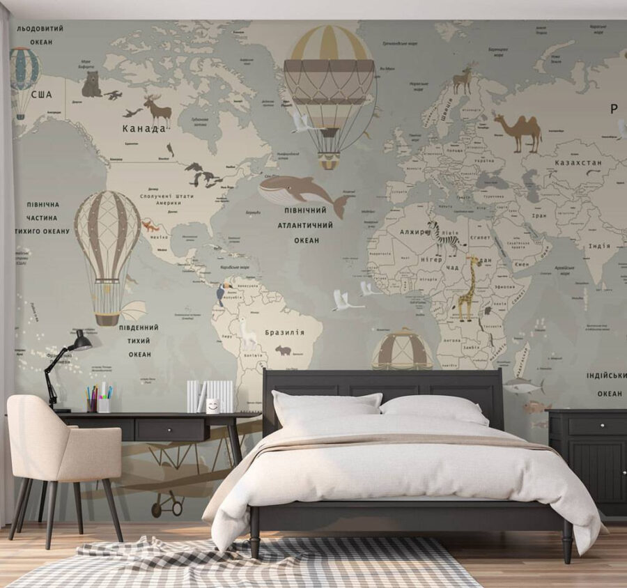 Papel de parede Mapa do mundo com aviões e animais