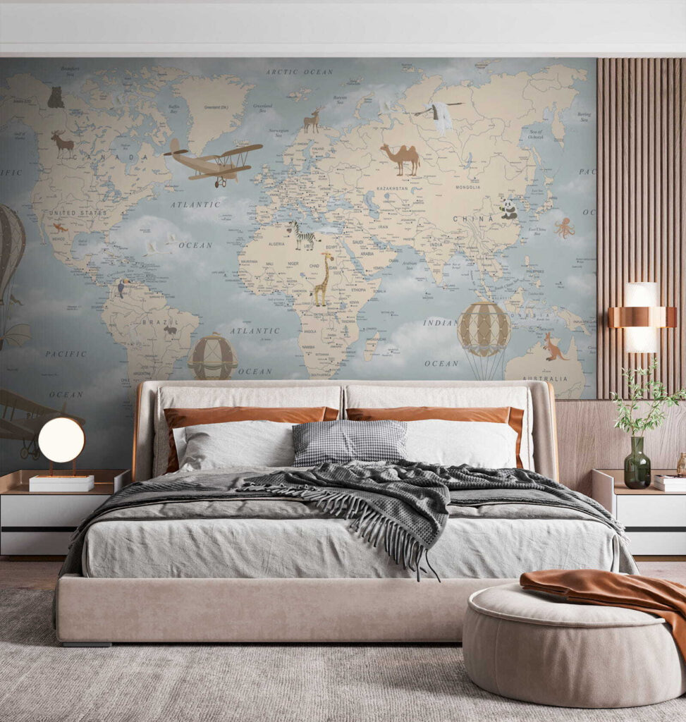 Map of the world with different animals and birds Map of the world with different animals and birds