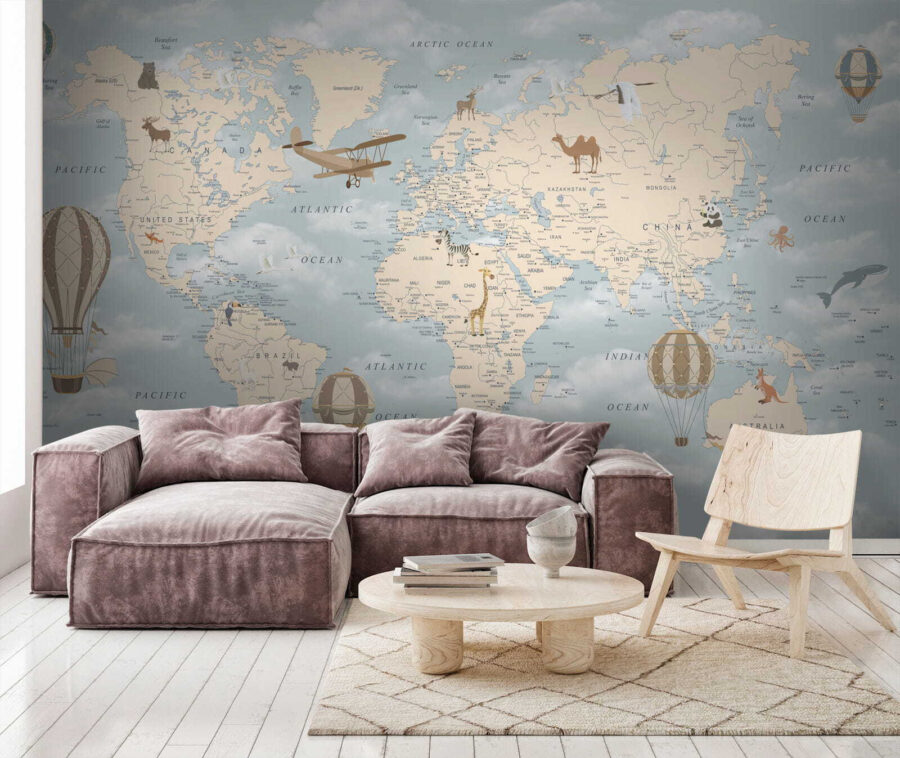 Mapa do mundo com diferentes animais e aves Mapa do mundo com diferentes animais e aves