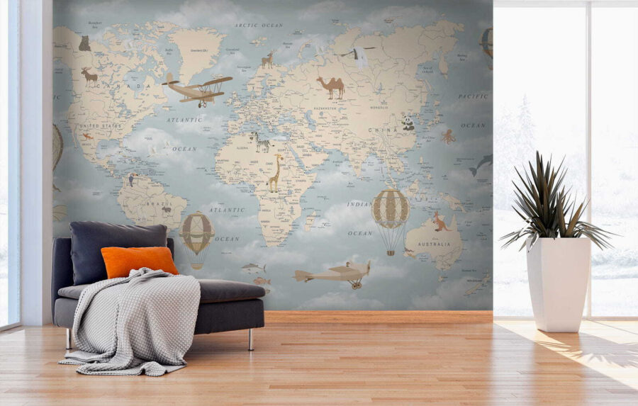 Mapa do mundo com diferentes animais e aves Mapa do mundo com diferentes animais e aves