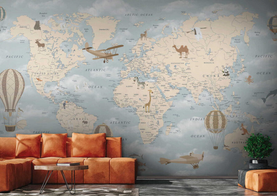 Mapa do mundo com diferentes animais e aves Mapa do mundo com diferentes animais e aves