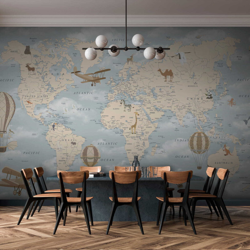 Map of the world with different animals and birds Map of the world with different animals and birds