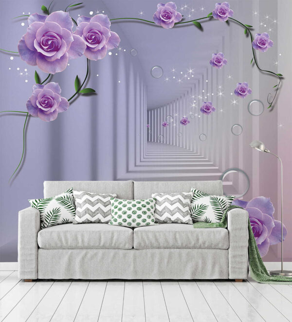 Papel de parede com rosas púrpura e uma escadaria Papel de parede com rosas púrpura e uma escadaria