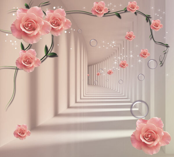 Papel de parede com rosas cor-de-rosa e escadas brancas Papel de parede com rosas cor-de-rosa e escadas brancas