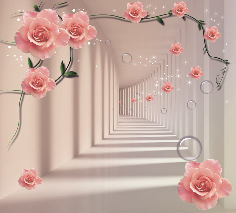 Papel de parede com rosas cor-de-rosa e escadas brancas