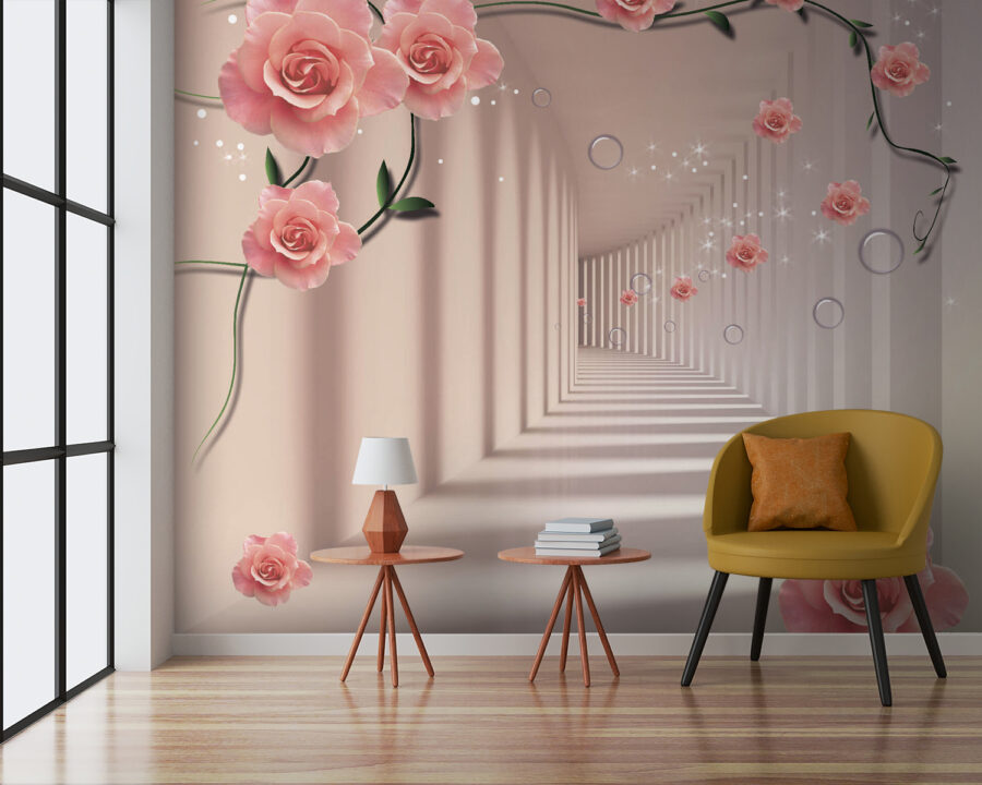 Papel de parede com rosas cor-de-rosa e escadas brancas
