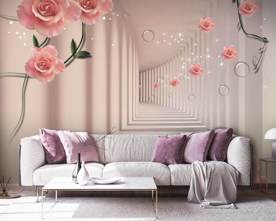 Papel de parede com rosas cor-de-rosa e escadas brancas