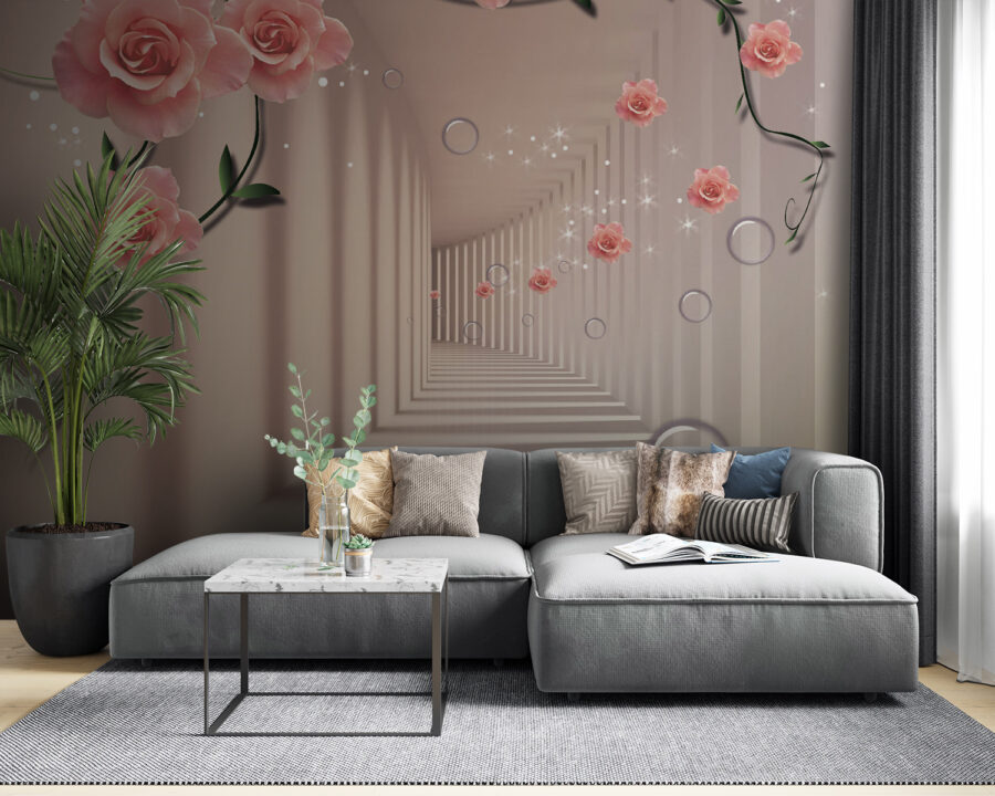 Papel de parede com rosas cor-de-rosa e escadas brancas