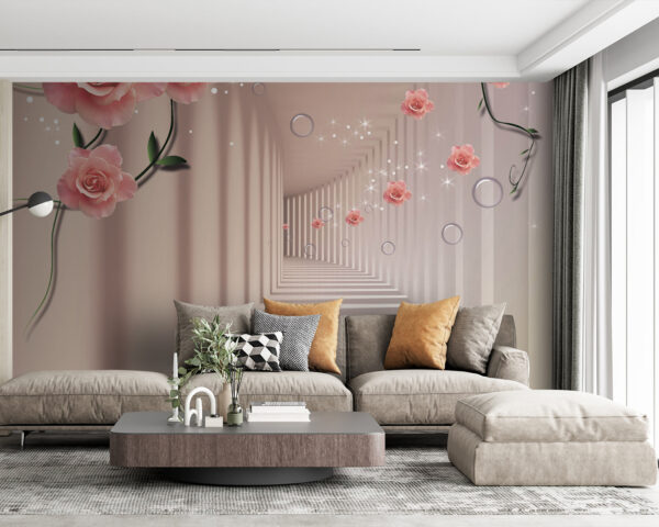 Papel de parede com rosas cor-de-rosa e escadas brancas Papel de parede com rosas cor-de-rosa e escadas brancas