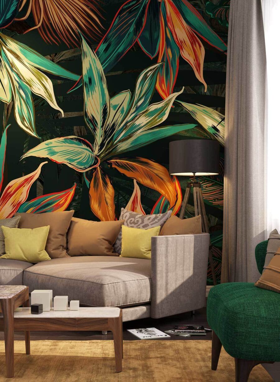 Folhas coloridas sobre um fundo preto