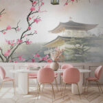 Papel de parede Árvore com flores cor-de-rosa e um edifício ao fundo