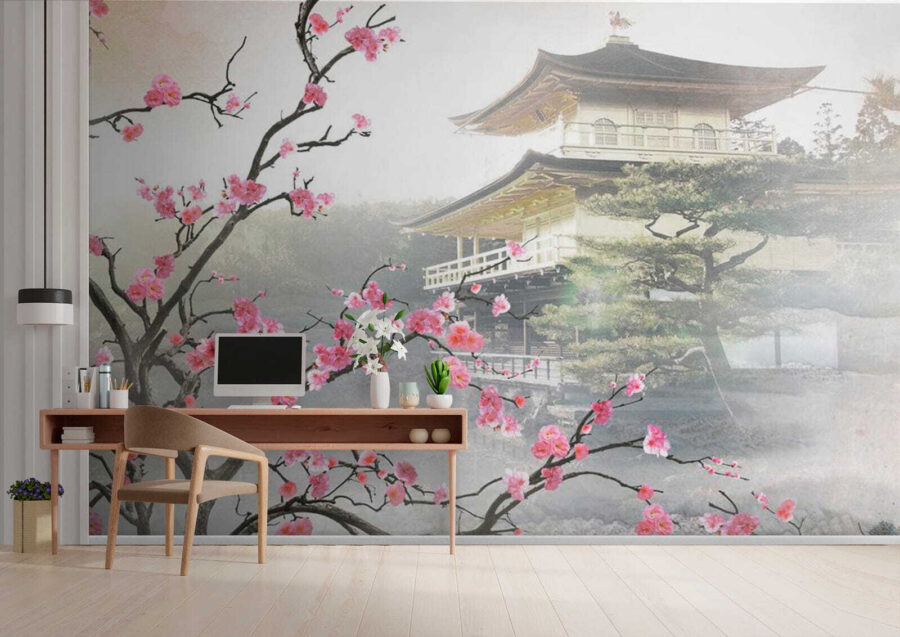 Árvore com flores cor-de-rosa e um edifício ao fundo