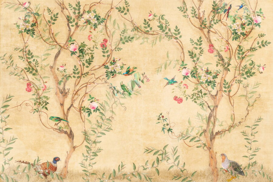 Papel de parede com pássaros e flores